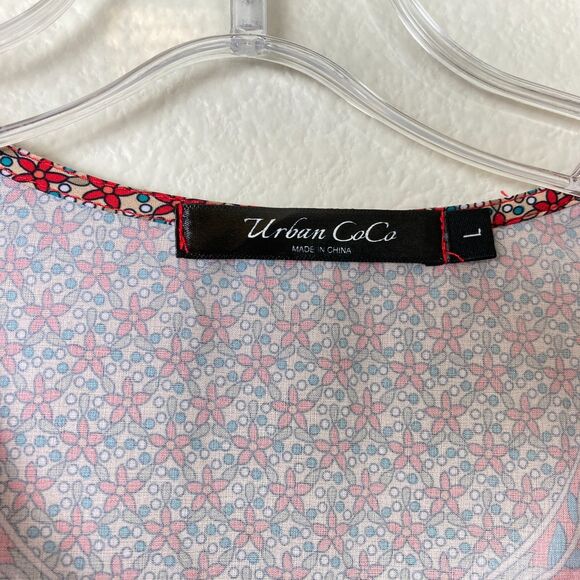 Urban Coco Colorful Bohemian Tunic Dress Size L Red Blue Tassels Ruched Sleeves - Picture 3 of 8